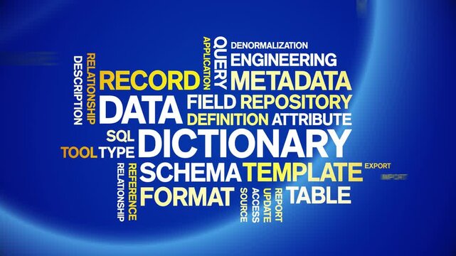 Data Dictionary animated word cloud-text design animation tag kinetic typography seamless loop.
