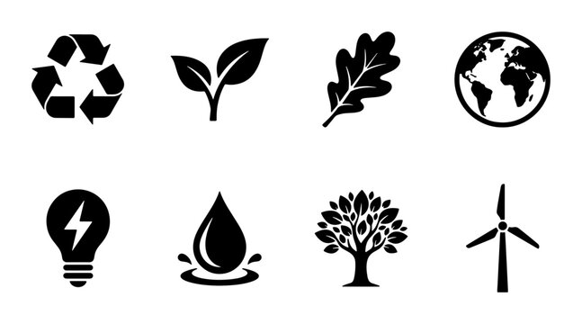 Eco-friendly vector icons: recycling, leaf, oak, earth, lightbulb, water drop, tree, windmill. Sustainable living, nature, renewable energy symbols.