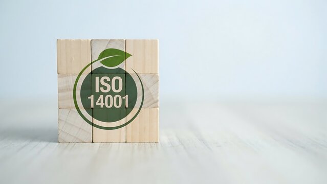 A wooden block with an ISO 14001 certification logo featuring a green leaf sits on a table indoors.
