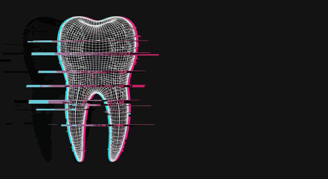 3 d wireframe model of a human molar tooth with glitch effect on a black background