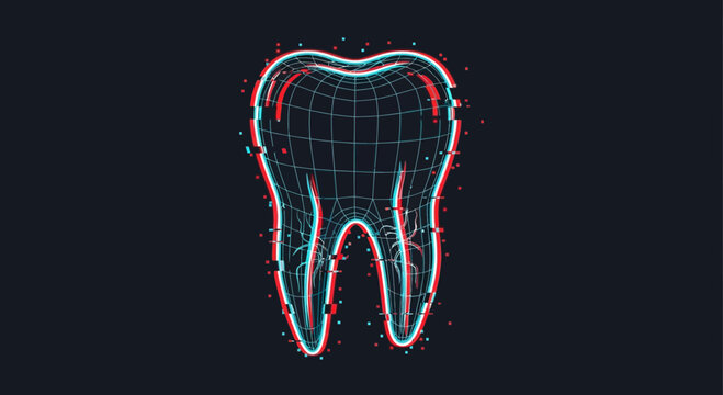3 d wireframe model of a human molar tooth with red and cyan glitch effects