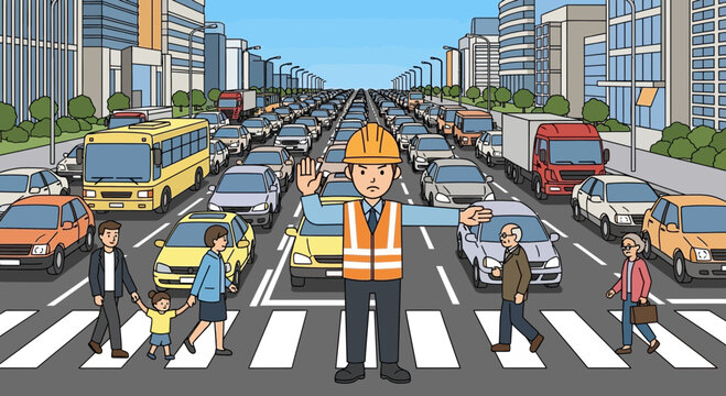 Traffic Jam and Pedestrian Crossing with Traffic Controller Directing