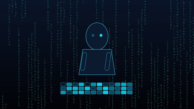 Abstract ai robot typing on digital keyboard with matrix binary code animation background