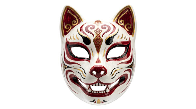 Traditional Japanese Kitsune Fox Mask with Red and Gold Ornate Patterns, Ceramic Kabuki Mask Element Isolated on White Background