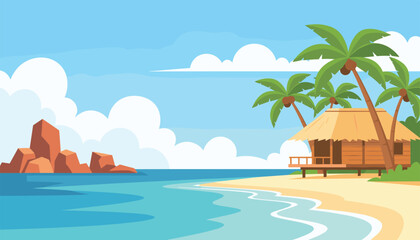 Obraz premium Beautiful tropical beach landscape featuring a cozy thatched bungalow, tall coconut palm trees, and rocks in a turquoise sea.