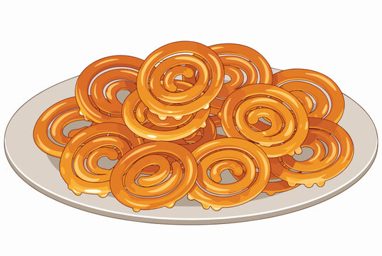 Plate full of traditional jalebi sweets features bright orange deep-fried spirals soaked in sugar syrup commonly served as a dessert in South Asia.