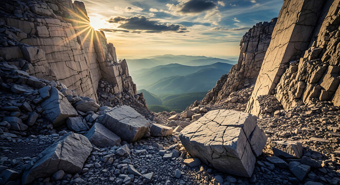 Mountain landscape view at sunrise through rocky gorge with mountain landscape wilderness boulders exploration outdoors adventure climbing
