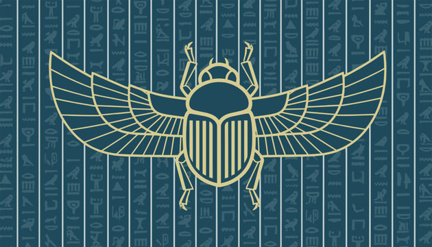 Elegant golden linear design of an ancient Egyptian scarab beetle with spread wings against a teal hieroglyphic background.