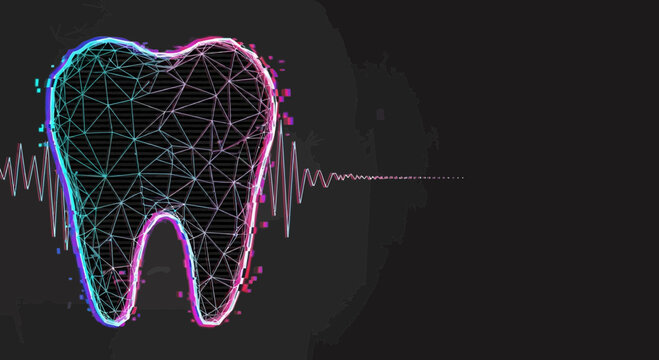 Abstract digital glitch art of a tooth outline with neon lines and soundwave pattern