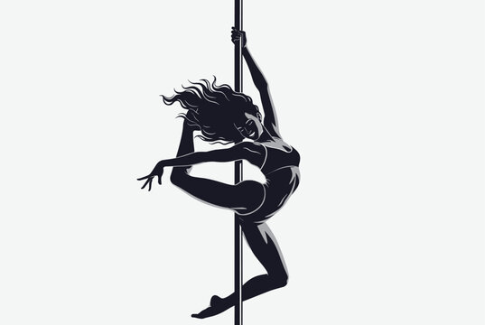 Silhouette of a graceful woman performs a dynamic and artistic pose on a vertical pole showcased in a minimalist black and white illustration.