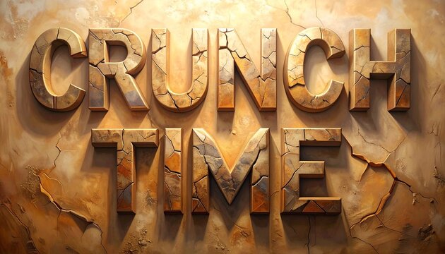 Three dimensional crunch time lettering on weathered texture with deadline pressure typography challenge business