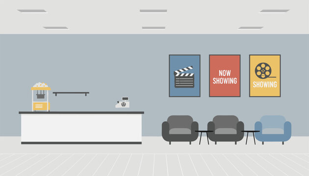 Empty cinema lobby featuring a white refreshment counter with a popcorn machine and cozy armchairs under poster frames on the wall.