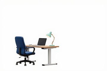 Fototapeta premium Modern Desk Setup with Blue Chair and Lamp on White Background