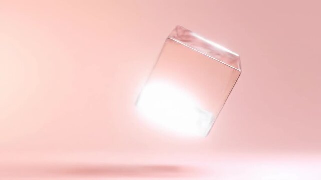 Floating transparent cube in soft pink environment with copy space