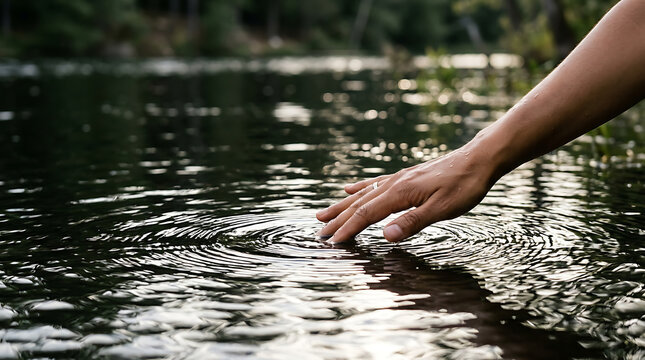 Human hand touching calm water surface with ripples
