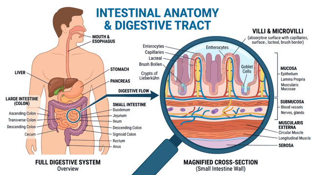 Human digestive system and intestinal anatomy infographic with labels