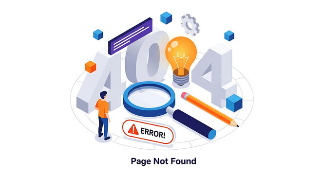 Isometric 404 error page not found web design concept with isometric development magnifying internet business technology interface communication