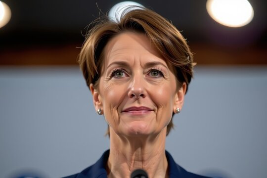 Woman speaks with calm confidence at podium