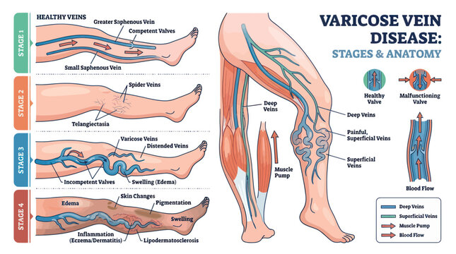 Varicose vein disease stages and leg anatomy medical infographic