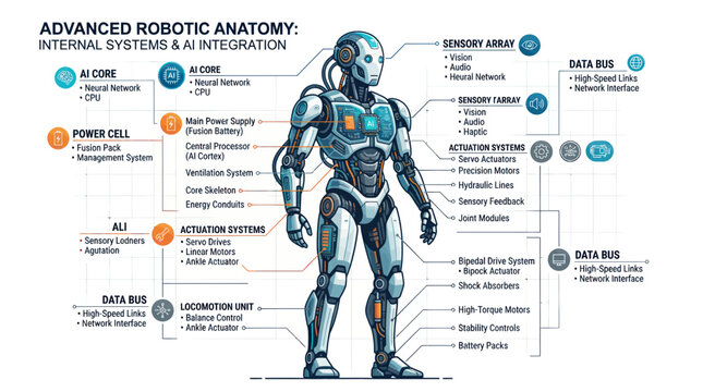 Humanoid robot anatomy schematic with artificial intelligence systems