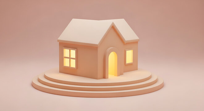 Small minimalist model house with glowing interior light on circular platform real estate architecture miniature residential property building minimalist lighting foundation structure