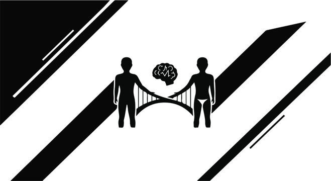 Two figures connected by a bridge and a brain, representing connection and intellect.