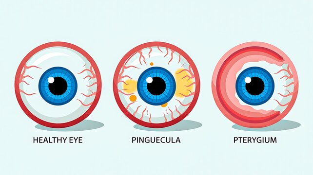 Healthy eye comparison showing pinguecula and pterygium eye conditions illustration