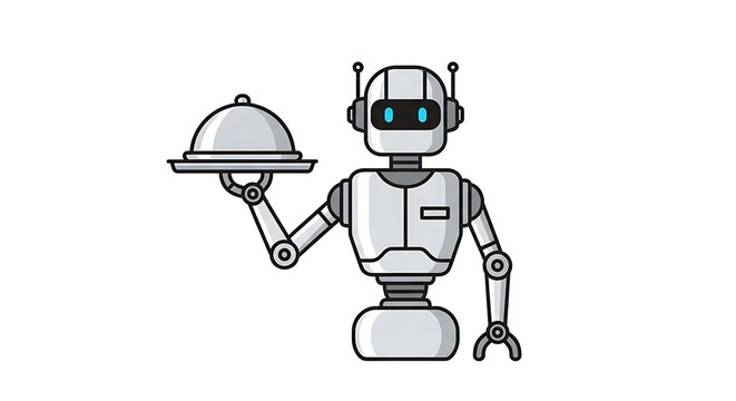 Cartoon robot with umbrella walking in rain.