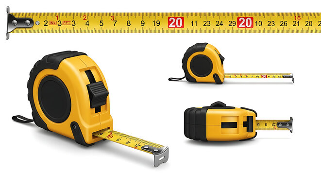 Three yellow construction tape measures in different poses with construction measuring equipment industrial carpentry hardware renovation centimeters isolated professional precision