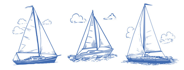 Collection of hand-drawn vintage sailboats in retro engraved style. Nautical yacht sketches for travel, coastal branding, stickers, apparel and packaging design. © Andrey