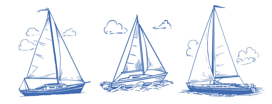 Collection of hand-drawn vintage sailboats in retro engraved style. Nautical yacht sketches for travel, coastal branding, stickers, apparel and packaging design.