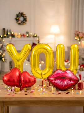 Happy anniversary celebration with large yellow number 10 and heart balloons