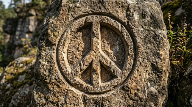 Peace symbol stone carving in natural forest setting representing harmony, global unity, and non-violence for environmental and social activism concepts