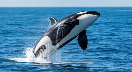 Fototapeta premium Orca whale leaping from ocean surface.