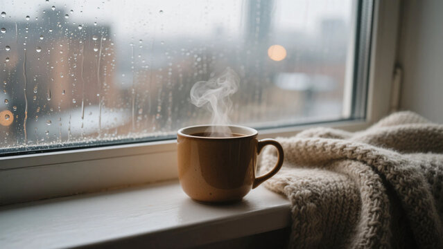 Cozy rainy window closeup with steaming ceramic mug on windowsill soft blanket and blurred cityscape beyond raindrop covered glass creating a warm moody atmosphere of comfort and relaxation