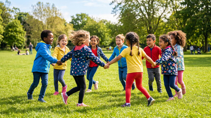 Fototapeta premium Diverse children holding hands in a circle playing together in a sunny green park, concept of multi-ethnic childhood friendship, community inclusion and active lifestyle for education
