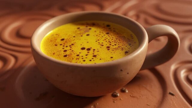 Cinematic Close Up of Golden Turmeric Tea in a Rustic Ceramic Teacup