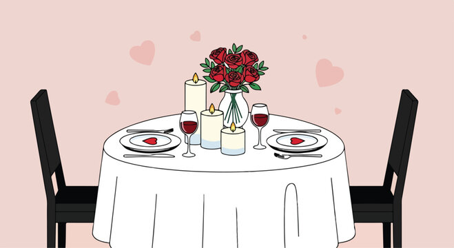 A romantic dinner setup with candles and roses on a table