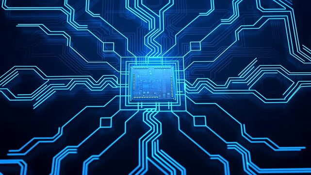 Glowing microchip on dark printed circuit board with blue edge lighting