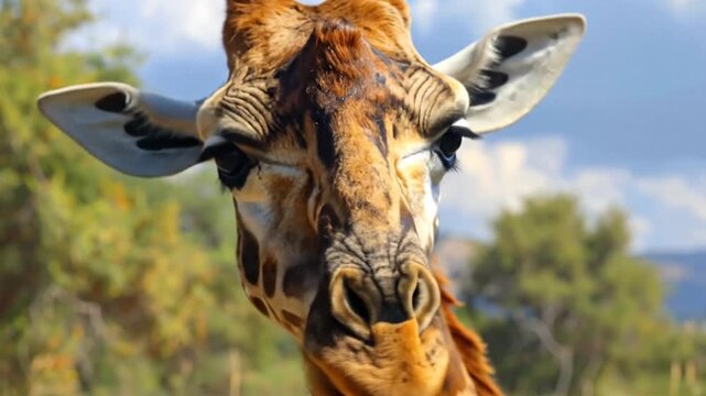 A close-up portrait of a wild giraffe face in its natural habitat