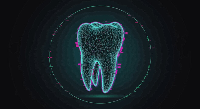 Digital 3 d rendering of a human tooth with glowing network pattern and futuristic interface