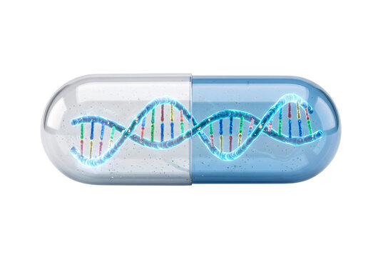 Scientific conceptual illustration of medical capsule pill split in half revealing glowing blue DNA double helix strand inside
