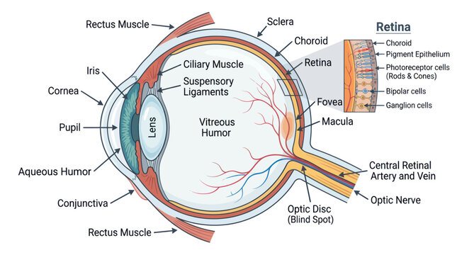 Human eye anatomy diagram with labeled internal structures and retina
