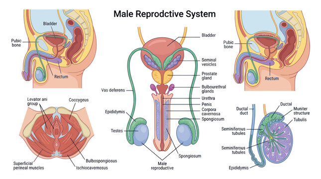 Male reproductive system anatomy with detailed internal organ labels