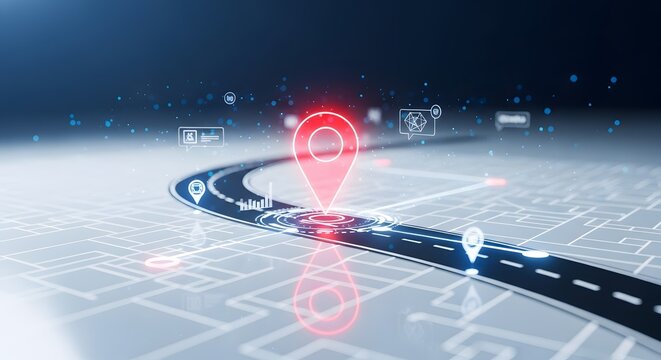Digital smart navigation map with glowing road and red pinpoint