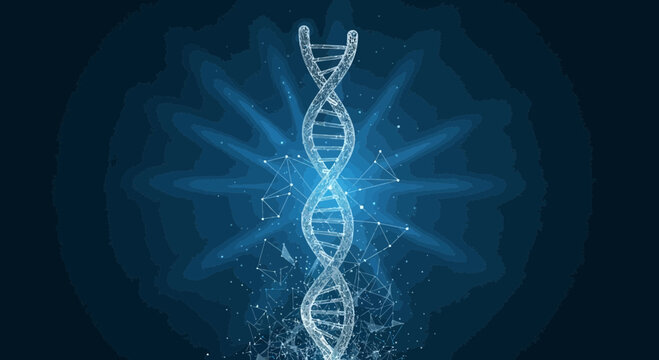 Blue glowing dna double helix structure on a dark background with abstract particles