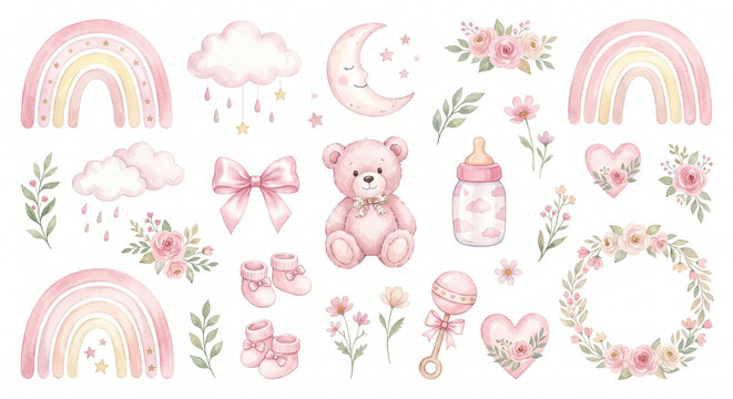 Adorable baby girl nursery clipart collection with pastel pink elements isolated on white background