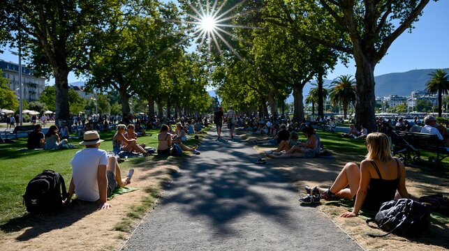 Entspannte Menschen im sonnigen Park unter schattigen B&auml;umen im Sommer  