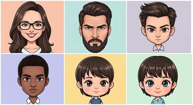 Diverse group of six cartoon characters in a grid.