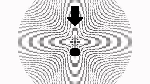 Minimalist concentric circles animation with pulsing arrow and dot abstract motion background, black and white